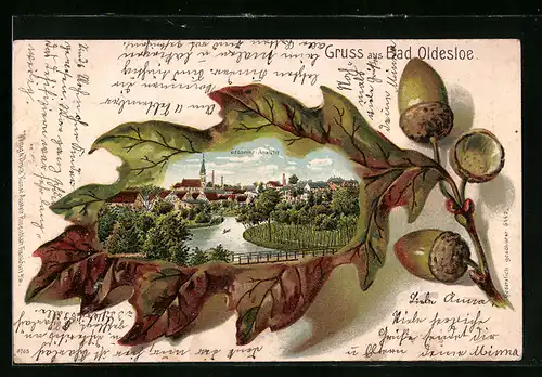 Passepartout-Lithographie Bad Oldesloe, Gesamtansicht, Eichenblatt