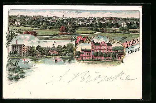 Lithographie Reinbek, Panorama, Schlossteich