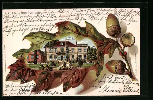 Passepartout-Lithographie Ahrensburg, Post mit Doppel-Eiche, Eichenblatt