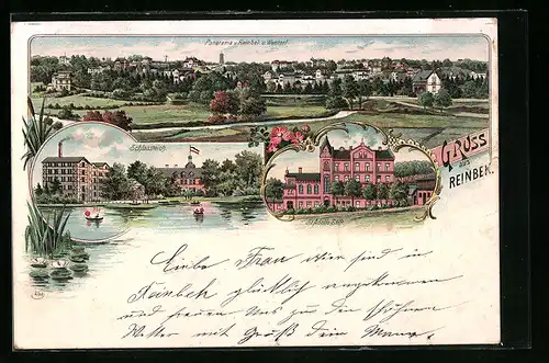 Lithographie Reinbek, Panorama, Schlossteich, St. Adolfs-Stift