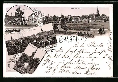 Lithographie Fürth, Panorama, Kunstbrunnen, Krieger-Denkmal
