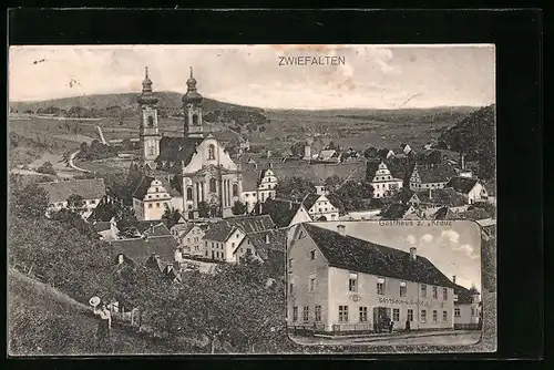 AK Zwiefalten, Ortsansicht und Gasthaus z. Kreuz