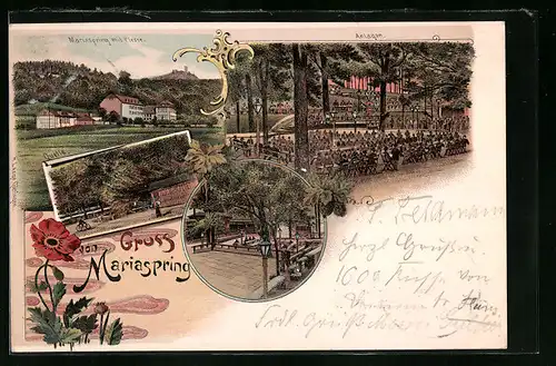 Lithographie Mariaspring, Gruss aus Mariaspring mit Plesse und ASnlagen