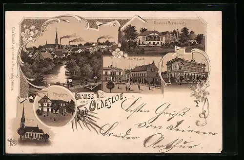 Lithographie Oldesloe, Saalbad Restaurant, Post und Pflegeheim