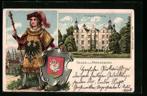 Passepartout-Lithographie Ahrensburg, Schloss Ahrensburg und Kleiner Junge mit Wappen