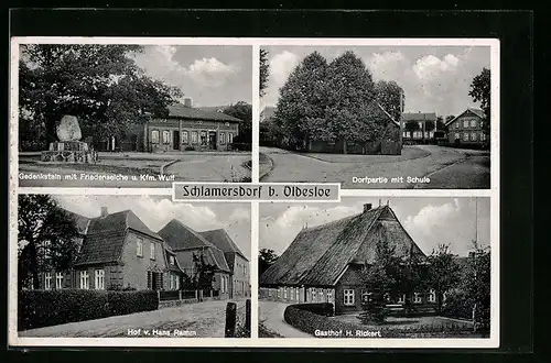 AK Schlamersdorf b. Oldesloe, Dorfpartie mit Schule, Gasthof H. Rickert und Gedenkstein