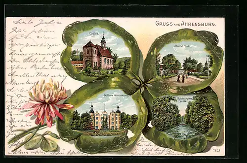 Passepartout-Lithographie Ahrensburg, Kirche, Schlosspark und Schloss Ahrensburg