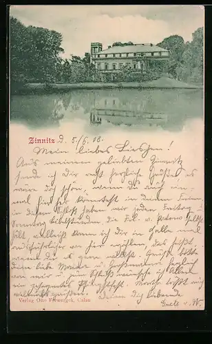 AK Zinnitz, Blick vom Garten zum Schloss-Herrenhaus