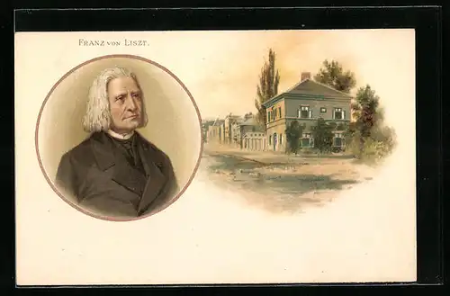 Lithographie Komponist Franz von Liszt und Geburtshaus