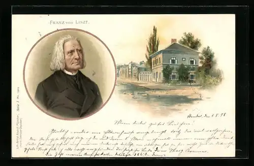 Lithographie Komponist Franz von Liszt und Geburtshaus