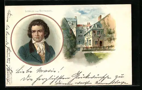 Lithographie Komponist Ludwig van Beethoven und Geburtshaus