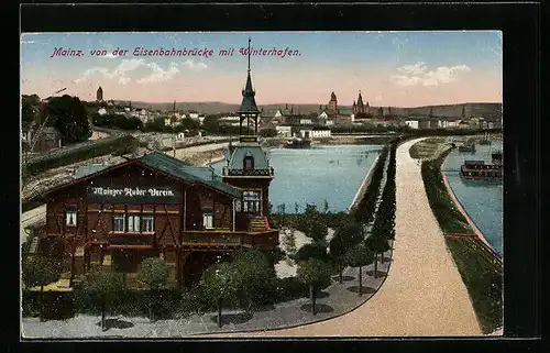 AK Mainz, Eisenbahnbrücke mit Winterhafen