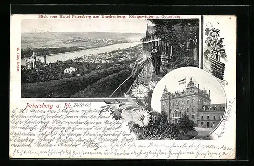 AK Petersberg a. Rh., Blick vom Hotel Petersberg auf die Drachenburg, Königswinter und Godesberg