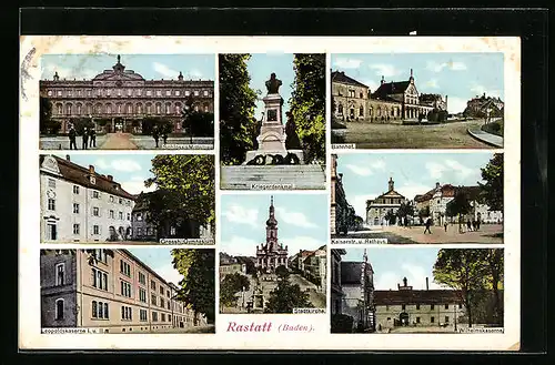 AK Rastatt, Kriegerdenkmal, Bahnhof, Kaiserstrasse und Rathaus