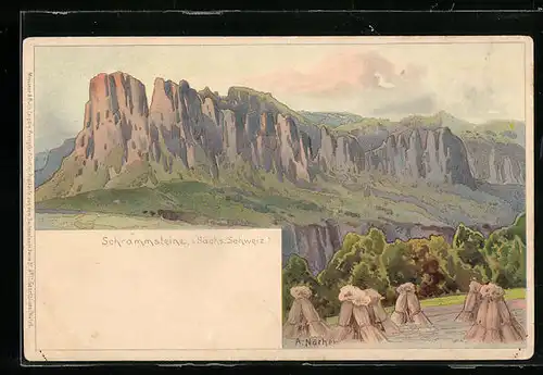 Lithographie Schrammsteine i. d. Sächs. Schweiz, Blick über abgeerntete Felder auf Hügel