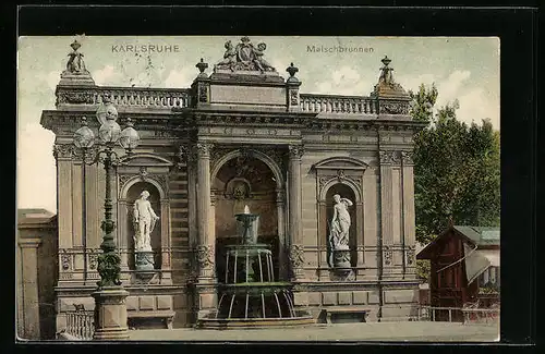 AK Karlsruhe, Malschbrunnen mit Statuen