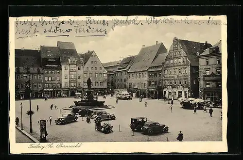 AK Freiberg /Sa., Obermarkt mit Bunnen und Droschken