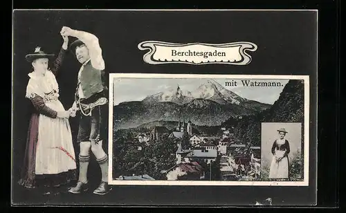 AK Berchtesgaden, Watzmann und Tänzer in Tracht