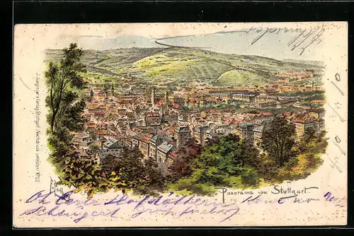 Lithographie Stuttgart, Panorama der Stadt