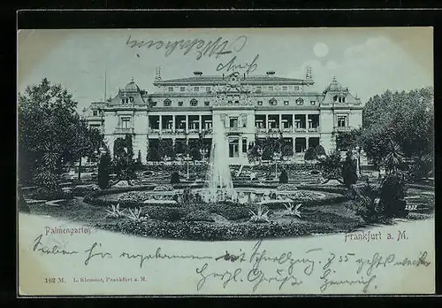 Mondschein-AK Frankfurt-Westend, Palmengarten mit Springbrunnen