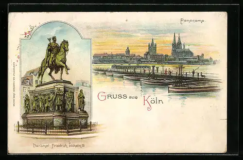 Lithographie Köln, Panorama und Denkmal Friedrich Wilhelm III.