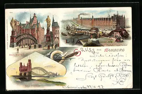 Lithographie Hamburg, Freihafen Lagerhäuser, Neue Elbbrücke und Brooks Brücke