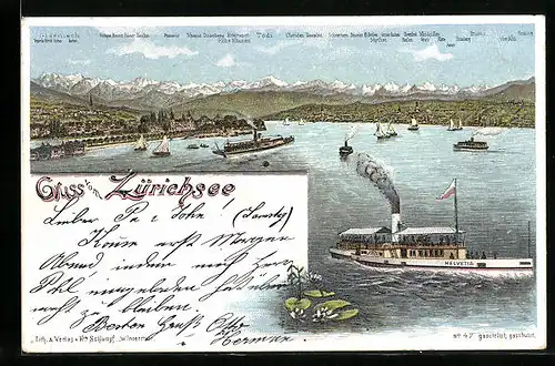 Lithographie Zürich, Zürichsee mit Dampfer Helvetia