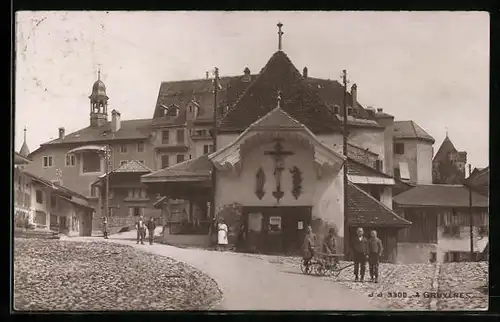 AK Gruyères, Ortsansicht mit Kapelle