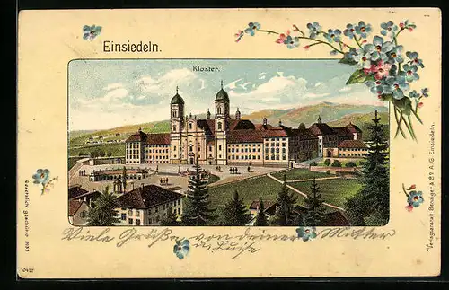 Passepartout-Lithographie Einsiedeln, Ansicht des Klosters