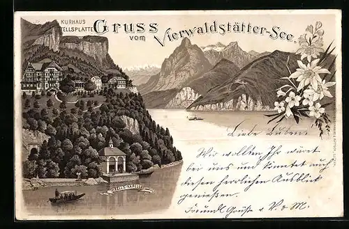 Lithographie Vierwaldstättersee, Kurhotel Tellsplatte mit Tellskapelle