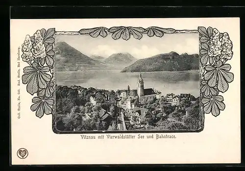 AK Vitznau, Ortsansicht mit Vierwaldstätter See und Bahntrace