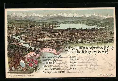 Lithographie Zürich, Totalansicht mit Alpenpanorama