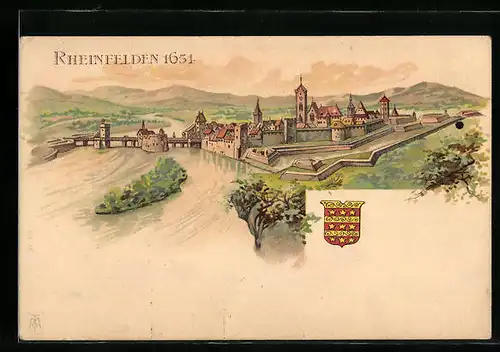 Lithographie Rheinfelden, Ortsansicht 1654 mit Wappen