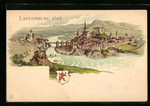 Lithographie Laufenburg, Ortsansicht 1642 mit Wappen