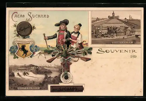 Lithographie Schaffhouse, Ortsansicht mit Cacao Suchard, Chute du Rhin