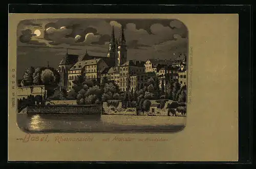 Mondschein-Lithographie Basel, Rheinansicht mit Münster im Vollmondlicht