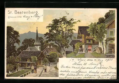 Künstler-AK St. Beatenberg, Ortsansicht mit Kirche und Flaneuren