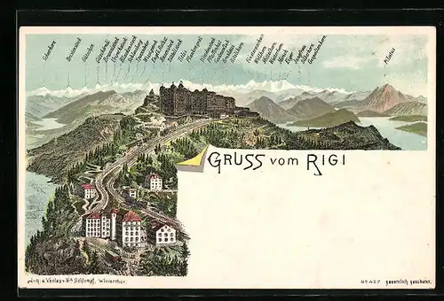 Lithographie Rigi, Gruss vom Rigi mit Titlis, Gütschen und Hasenstock