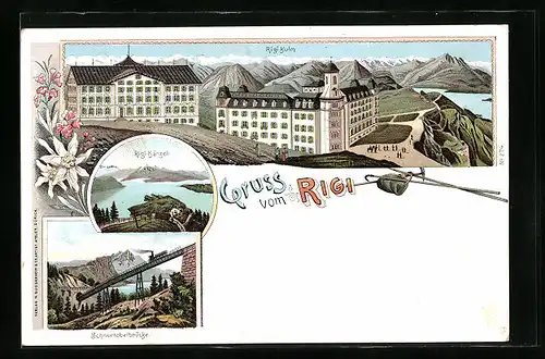 Lithographie Rigi, Gruss vom Rigi-Kulm, Rigi-Känzeli und Schnurtobelbrücke