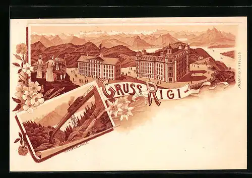 Lithographie Rigi, Gruss vom Rigi mit Schnurtobelbrücke