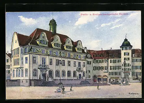 Künstler-AK Herisau, Staats- u. Kantonalbankgebäude