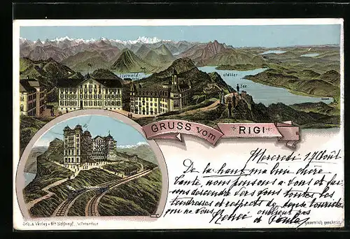 Lithographie Rigi, Gruss vom Rigi mit dem Vierwaldstätter See