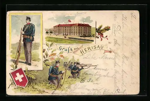 Lithographie Herisau, Kaserne mit Soldaten