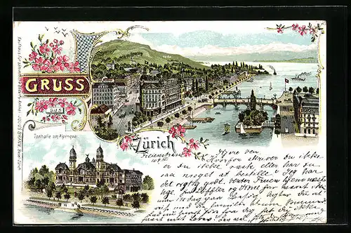 Lithographie Zürich, Ortsansicht und Tonhalle am Alpenquai
