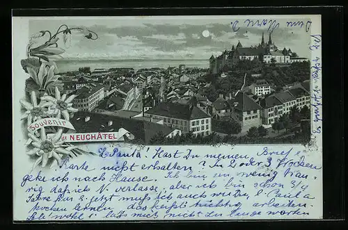 Mondschein-Lithographie Neuchâtel, Ortsansicht aus der Vogelschau