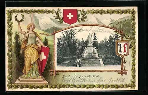 AK Basel, St. Jakob-Denkmal mit Parkanlage