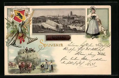 Lithographie Bern, Ortsansicht aus der Vogelschau