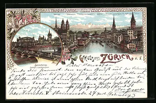Lithographie Zürich, Ortsansicht und Bahnhofbrücke
