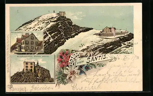 Lithographie Säntis, Gasthof und Metereologische Station