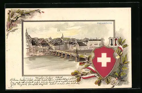 Lithographie Basel, Rheinbrücke mit Wappen